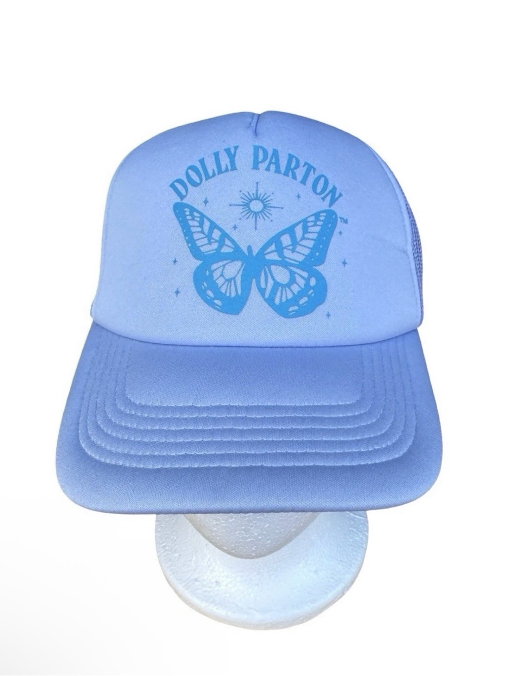 Dolly Parton Sky Blue-Lavender Trucker Hat with Butterfly & Dolly Parton Graphic